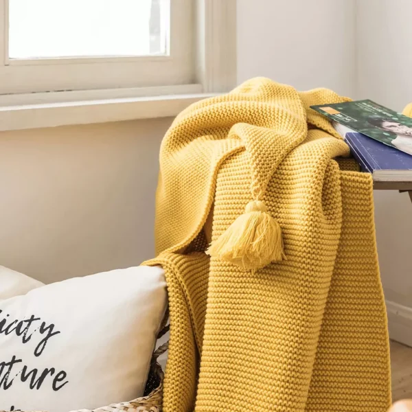 Mustard Yellow Luxury Knit Throw Blanket with PomPom Tassels - Image 7